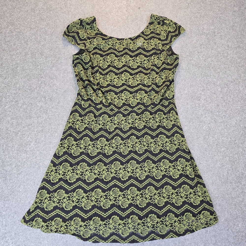 Joe Boxer A-Line Dress Women 2X Black Green Lined Floral Lace Overlay Cap Sleeve